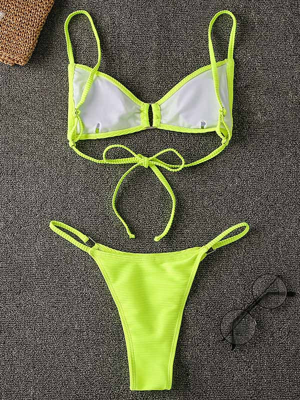 Einfarbiger rückenfreier Bralette-Bikini-Badeanzug mit Spaghetti-Ausschnitt und geteiltem Ausschnitt 