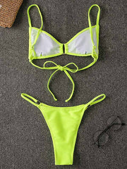 Solid Color Spaghetti-Neck Split-Joint Backless Bralette Bikini Swimsuit