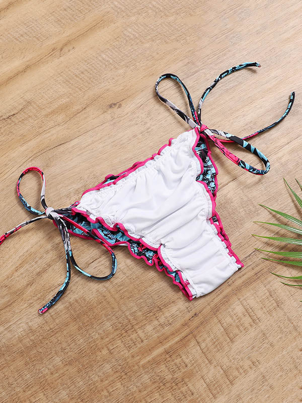 Rückenfreier Bikini mit Blumenmuster, Neckholder, Dreiecken und seitlicher Schnürung 