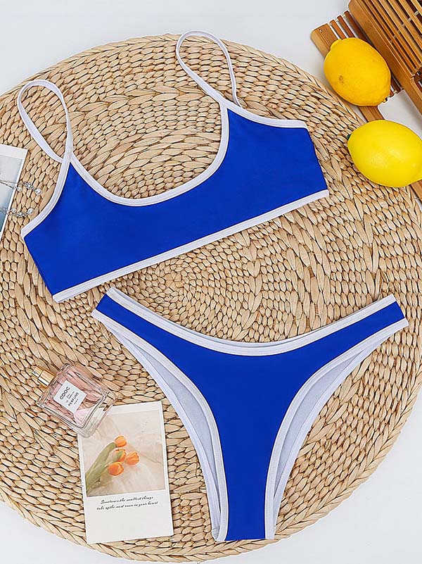 Contrast Color Split-Joint Spaghetti-Neck Split Bikini Swimsuit