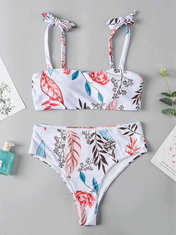 Floral-Print Bandeau Knotted Split Bikini Swimsuit