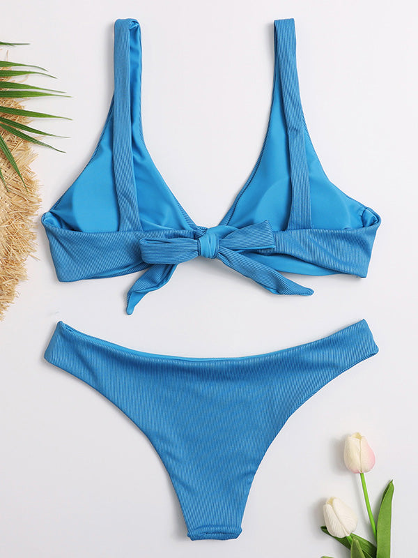 Solid Color Knotted Backless Split Bikini Swimsuit