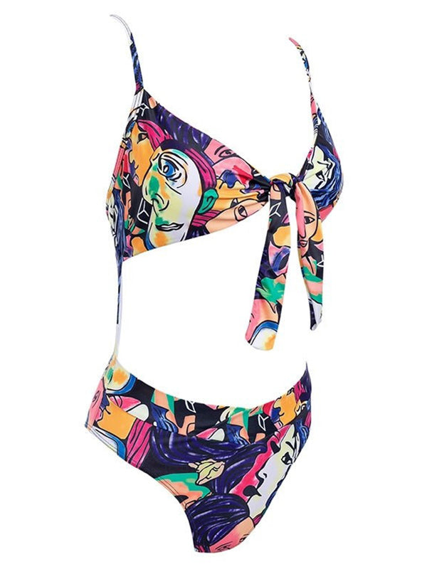 Spaghetti-Neck Floral Print Bandage Hollow Monokini Swimwear