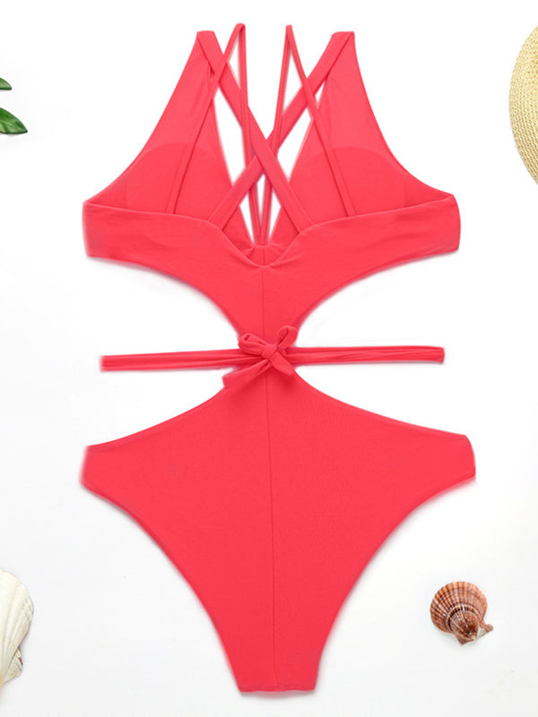 Sexy Fluorescent Color Bandage Hollow One-Piece Swimwear