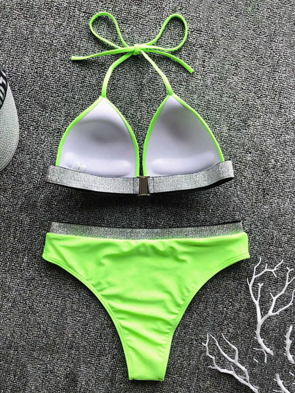 Color-Block Halterneck Bralette More Coverage Backless Bikini Swimwear