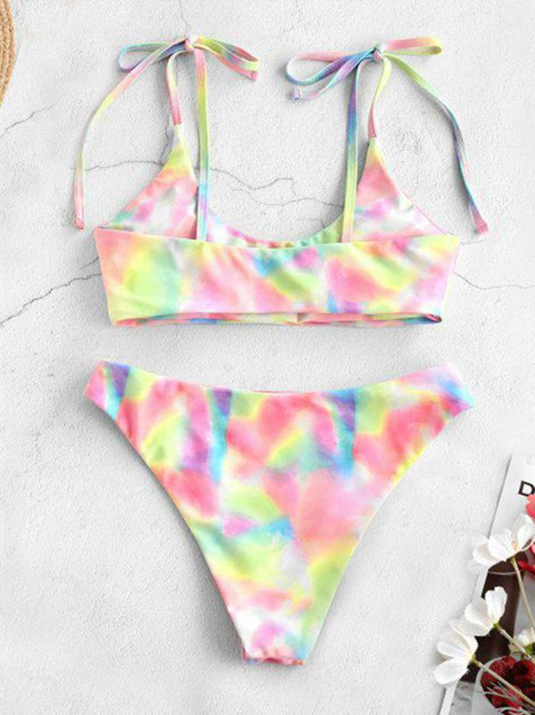 Gradient Printed Spaghetti-Neck Bandage Split Bikini Swimsuit