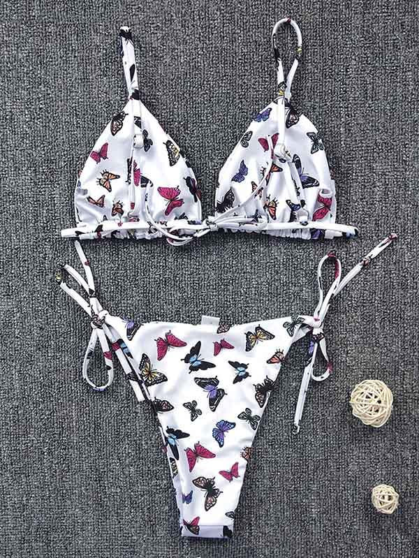 Floral-Print Triangles Bandage Split Bikini Swimsuit