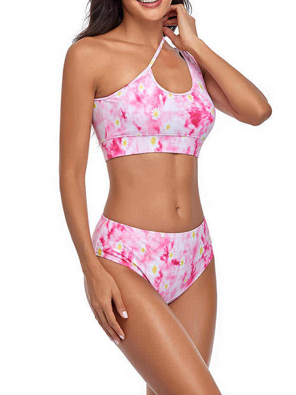 Einschultriger Bikini mit hoher Taille und Batikmuster 