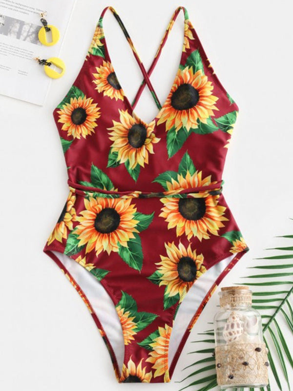 Rückenfreier Bikini-Badeanzug mit Bandage und Schlitz und Sonnenblumen-Print 