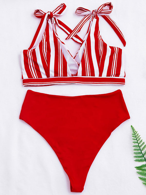 Striped Printed Color-Block Knotted V-Neck Split Bikini Swimsuit