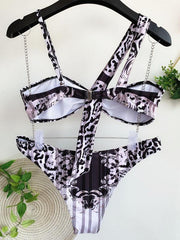 Abstract Printed Asymmetric Bandeau Split Bikini Swimsuit