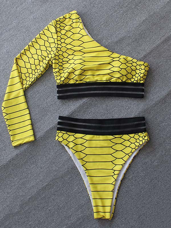 One-Shoulder Long Sleeve Snake-Print Split Bikini Swimsuit