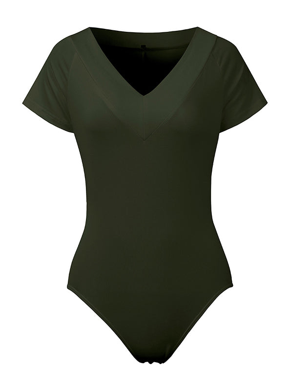 Solid Color Simple V-Neck One-Piece Swimwear