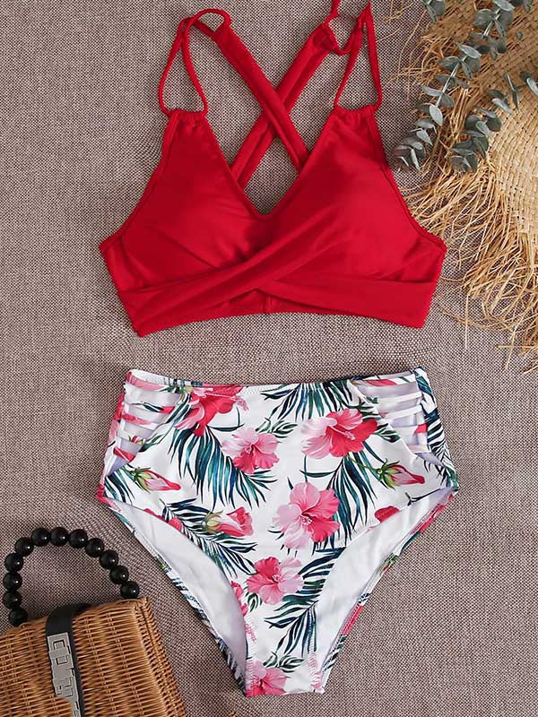 Floral-Print Color-Block Backless Split Bikini Swimsuit