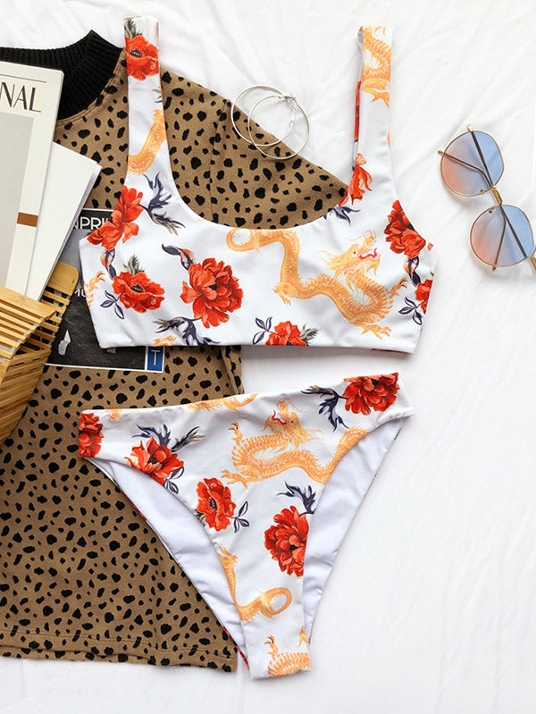 Chinese Style Printed U-Neck Split Bikini Swimsuit