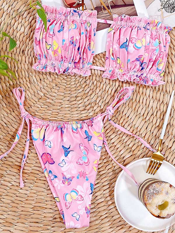 Floral-Print Ruffled Hollow Bandage Bandeau Split Bikini Swimsuit