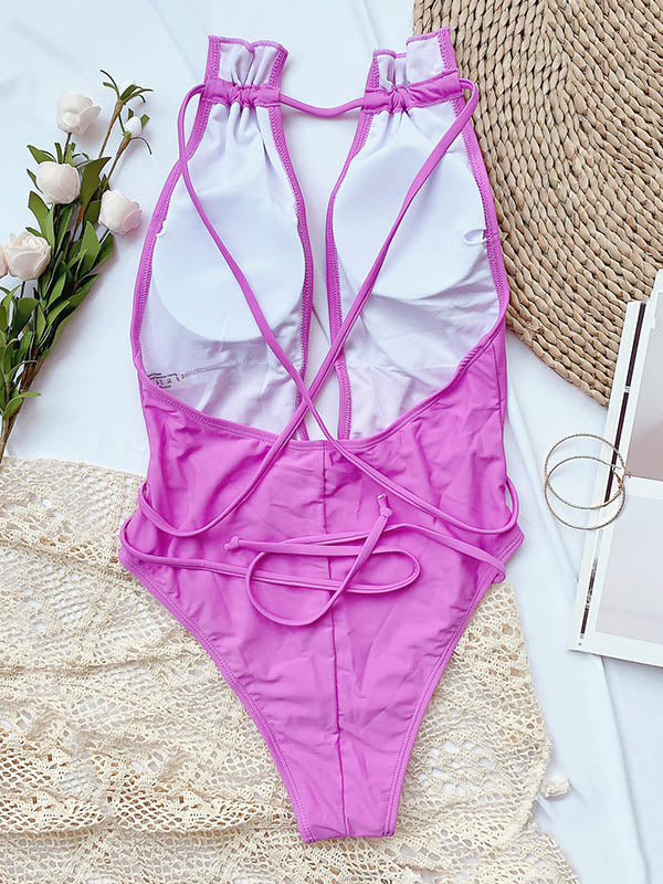 Solid Color Bandage Backless One-Piece Swimwear