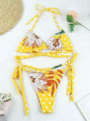 Halterneck Floral Printed Padded Triangles Tie Side Bikini Swimwear