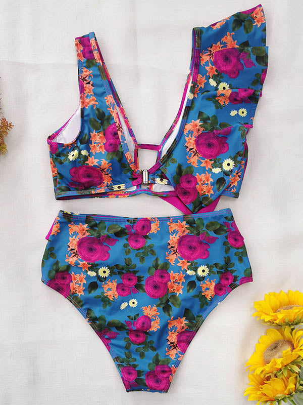 Floral Falbala Asymmetric Bikini Swimsuit