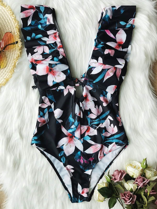 Floral Falbala Backless  One-Piece Swimsuit