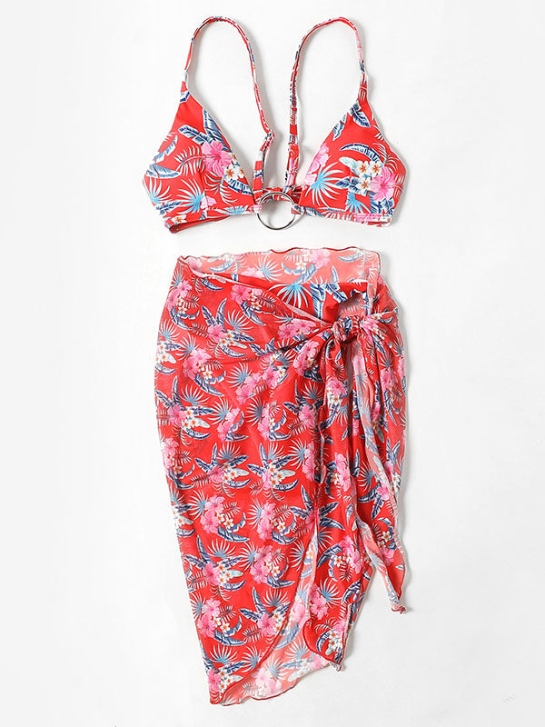 Three-Piece Floral Print Bandage Tie Side Bikini Swimwear