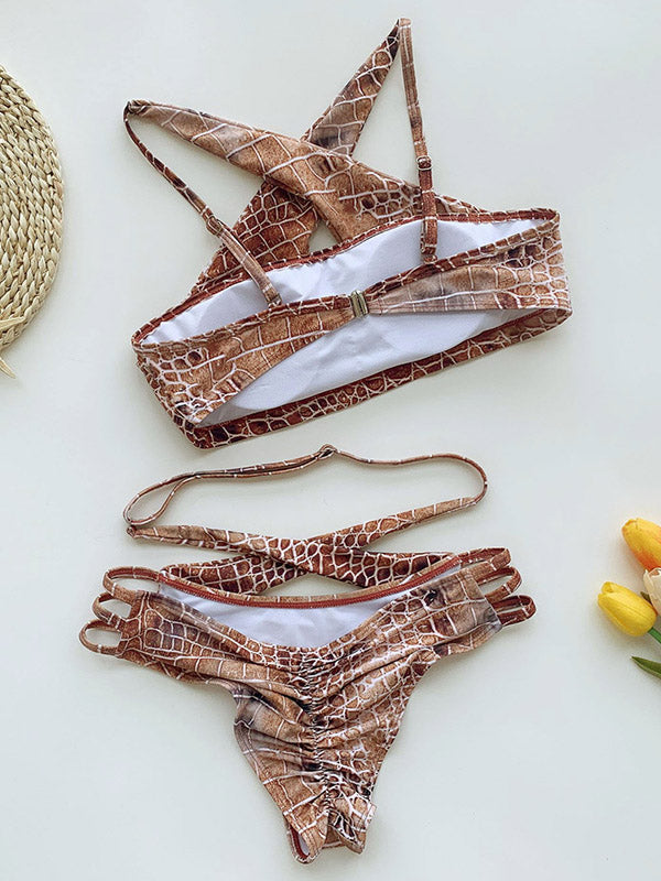 Sexy Snake-Print Crossed Hollow Split Bikini Swimsuit