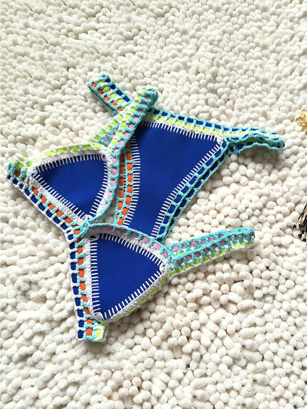 Triangle Patchwork Crochet Neoprene Bikini Swimsuit