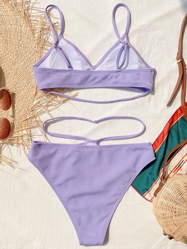 Solid Color Bralette Hollow High-Waisted Bikini Swimwear