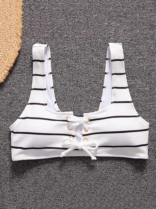 Striped U-Neck Bandage Split Bikini Swimsuit