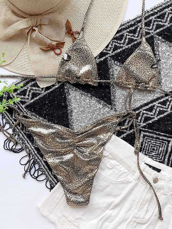 Sexy Triangles Hollow Bandage Split Bikini Swimsuit