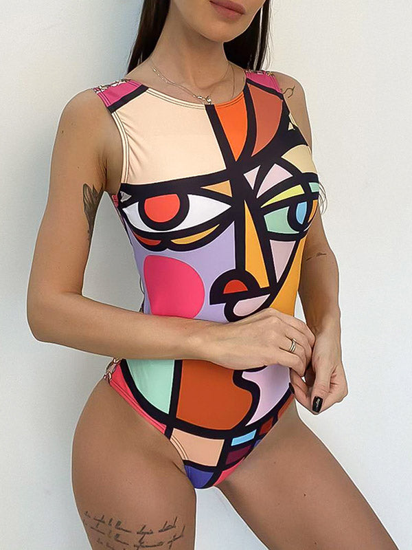 Sleeveless Abstract Print Padded One-Piece Swimwear