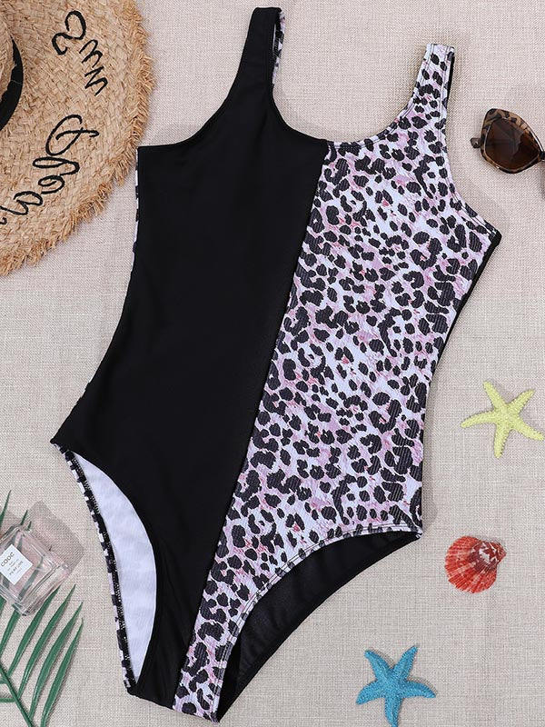 Sleeveless Split-Joint Leopard Print Tight One-Piece Swimwear