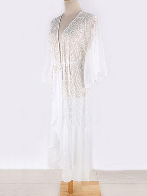 See-Through Split-Joint Embroidered Falbala Tunicshang Cover-Ups