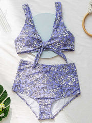 Polychromatic Floral-Print Knotted Split Bikini Swimsuit