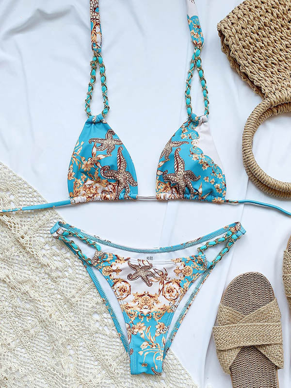 Triangle Printed Bandage Halter Bikini Swimwear