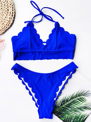 Solid Color Cropped Halterneck Split Bikini Swimsuit