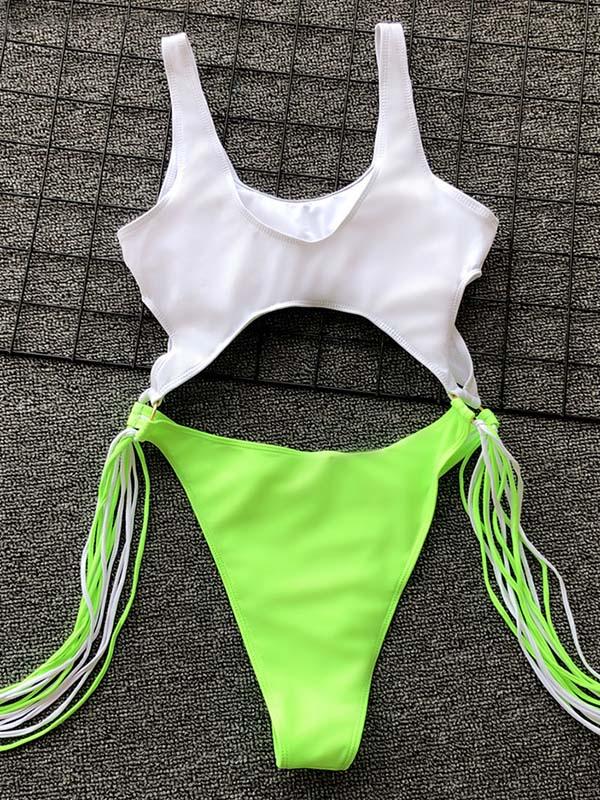 Hollow Tasseled Color-Block One-Piece Swimwear