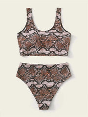 Sexy Snake-Print U-Neck Split Bikini Swimsuit