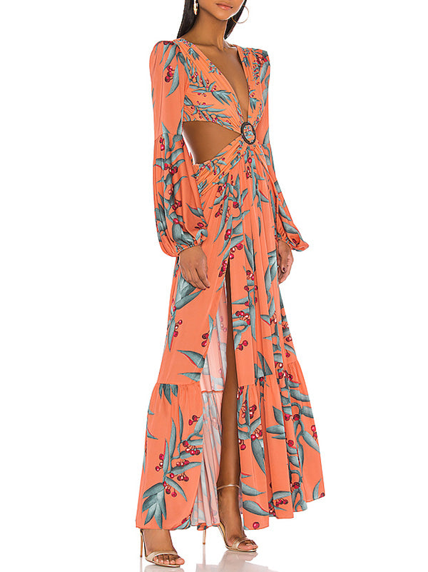 Floral-Print Bandage Puff Sleeves Asymmetric Bohemian Maxi Dress