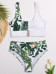 Asymmetric Floral-Print Split-Joint Embellished Split Bikini Swimsuit