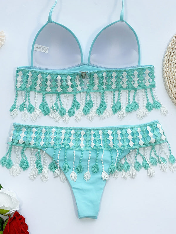 Halterneck Bralette Tasseled Sexy Bikini Swimwear