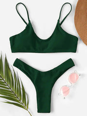 Solid Color Spaghetti-Neck Split Bikini Swimsuit