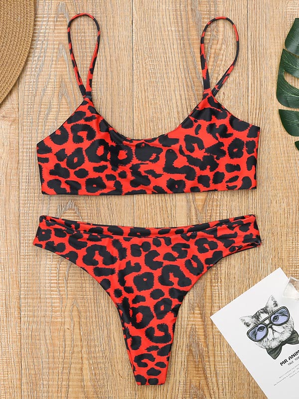 Leopard Print Spaghetti-Neck Split Bikini Swimsuit