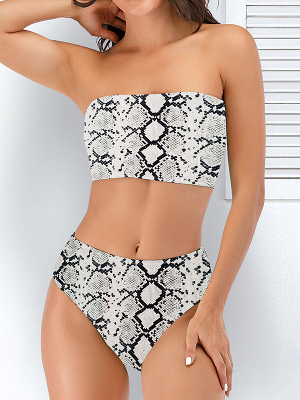 Polychromatic Printed Bandeau Split Bikini Swimsuit