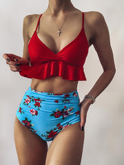 Spaghetti-Ausschnitt Falbala Bralette Hoch taillierter Bikini mit Schlitz 