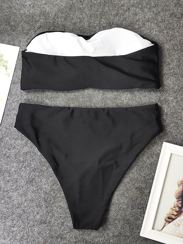 Solid Color Bandeau Split Bikini Swimsuit