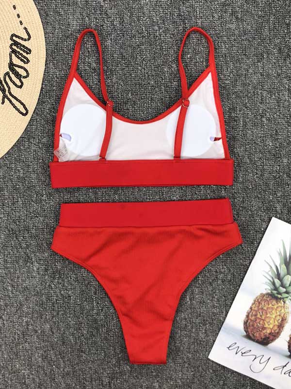 Solid Color Spaghetti-Neck Empire Split Bikini Swimsuit