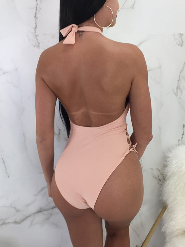 Solid Color Bandage Hollow Deep V-Neck One-Piece Swimwear