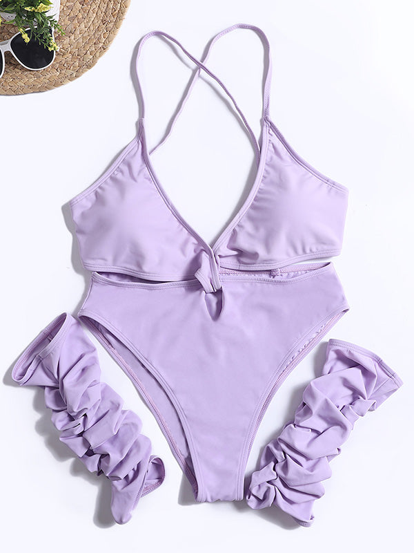 Solid Color Backless Bandage One-Piece Swimwear+Sleeve