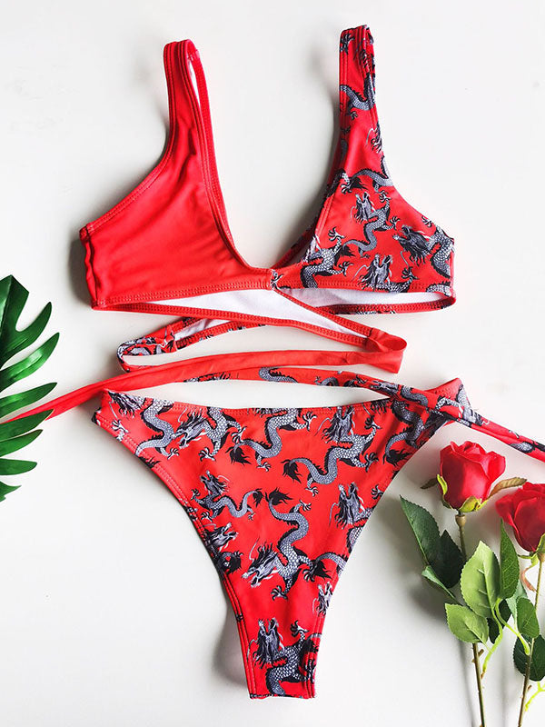 Chinese Style Printing  Asymmetric Split-Joint Bandage Split Bikini Swimsuit